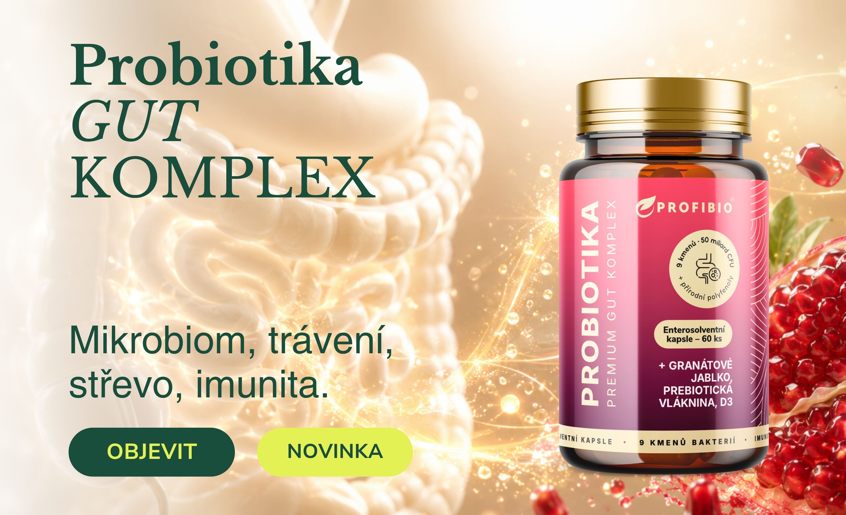 PREMIUM Probiotika GUT KOMPLEX 50 miliard CFU + granátové jablko, prebiotická vláknina, vitamín D3, 60 enterosolventních kapslí (ochrana před žaludeční kyselinou a uvolnění ve střevech) -18